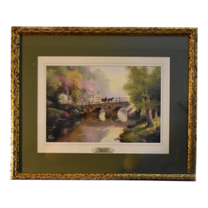 Vtg. Thomas Kinkade Hometown Bridge Framed Matted Art Lithograph Print