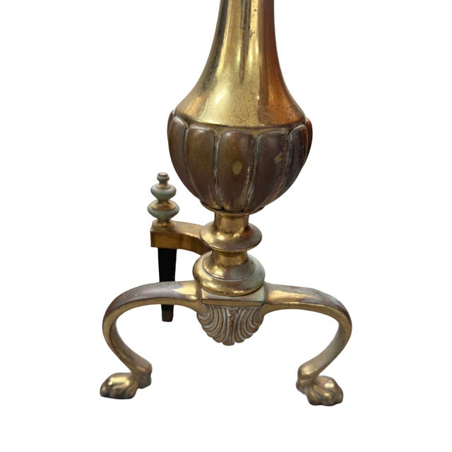 Antique French Empire Style Bronze Brass Column Andirons- a Pair. Circa 1900. Measurements: 21”H x 9" W x 18" D. Beautiful...