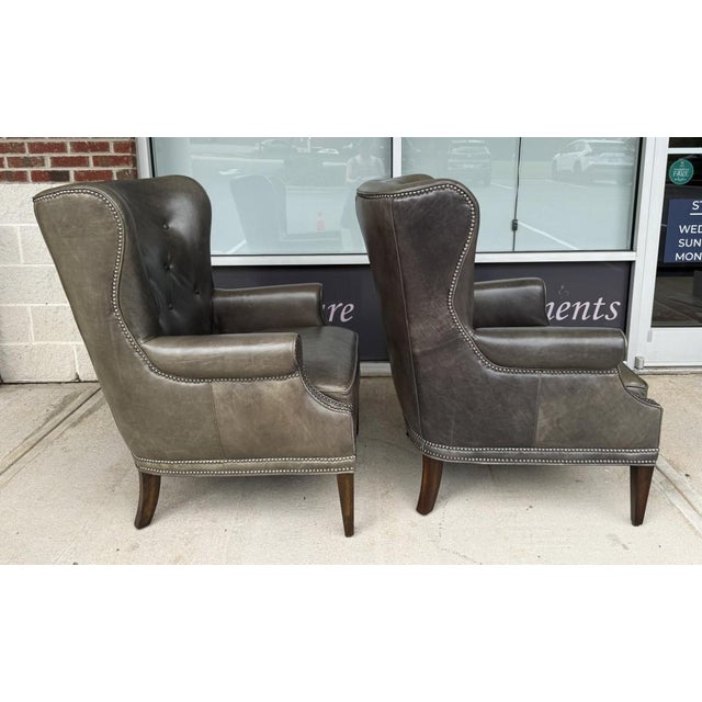 Pair of Hooker Furniture Faux-Leather Army-Green/Gray Maya Chairs For Sale In Raleigh - Image 6 of 18