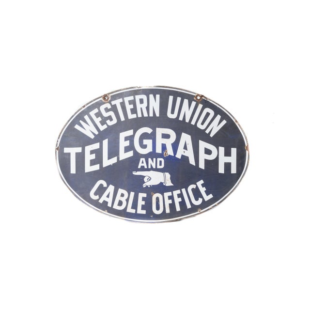 Late 1909-1920s; Western Union - New York, NY This original oval antique double-sided porcelain advertises Western Union...