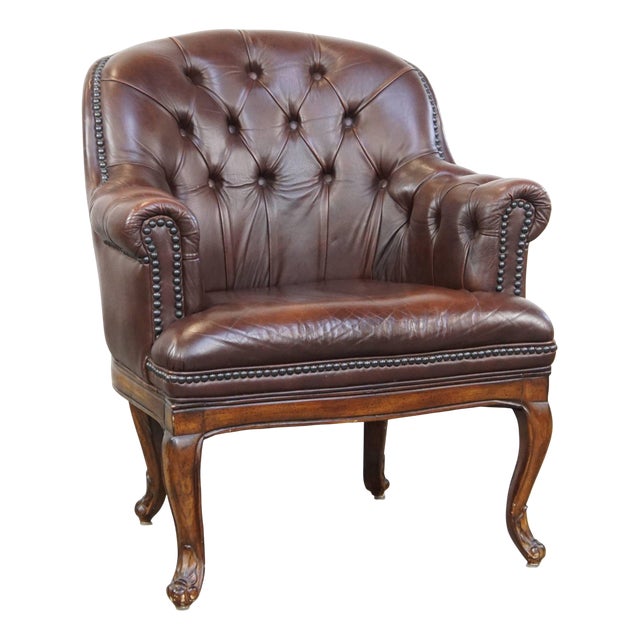English Cowhide Chesterfield Armchair with Wood Legs For Sale