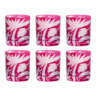 Jungle Deco Double Old Fashioned Glasses, Set of 6, Fuchsia For Sale