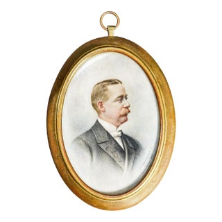 Classy Victorian Antique Finely Executed Portrait Miniature Painting Society Gentleman Man Mustache in Tuxedo Gilded Age Art For Sale