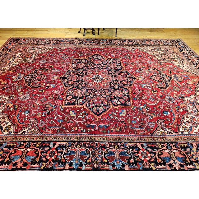 Persian Vintage Persian Heriz Serapi Rug, Hand-Knotted Wool, Geometric Medallion Pattern, Red & Navy, 10x13 For Sale - Image 3 of 14