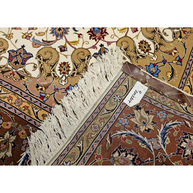 Persian Vintage Persian Tabriz Square Area Rug, Hand-Knotted Wool & Silk, Fine Medallion Floral Pattern, Ivory & Brown, 7x7 For Sale - Image 3 of 16