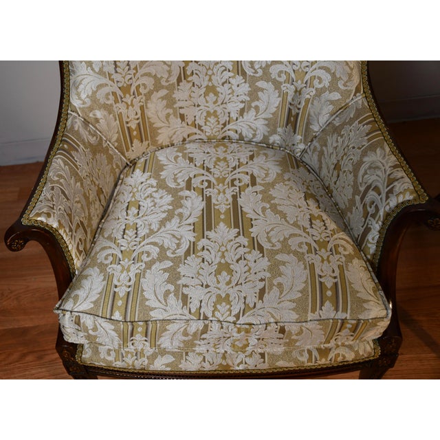 1930 Pair French Carved Mahogany High-Back Living Room Chairs / Spring-Seat For Sale - Image 10 of 18