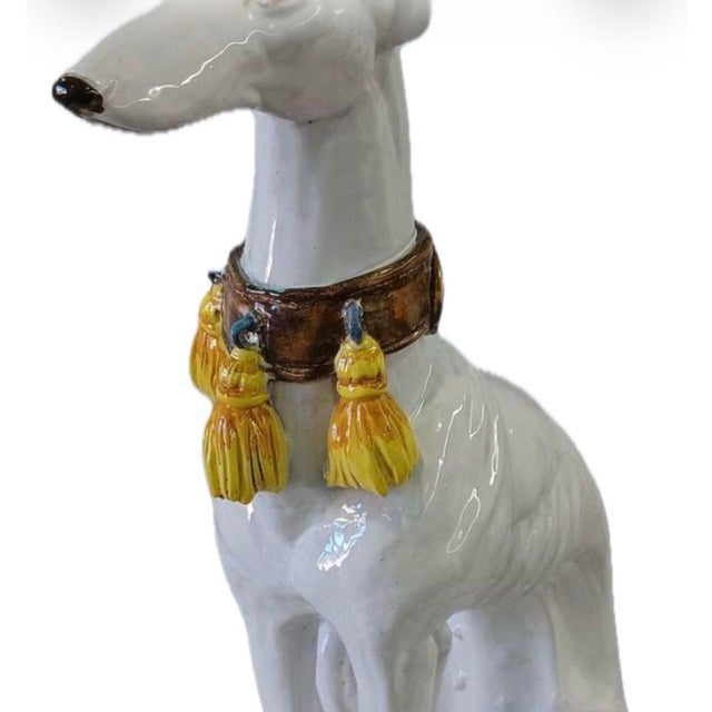 1960s Vintage Mid Century Modern Hollywood Regency Italian Majolica Ceramic Greyhound Statue For Sale - Image 5 of 9