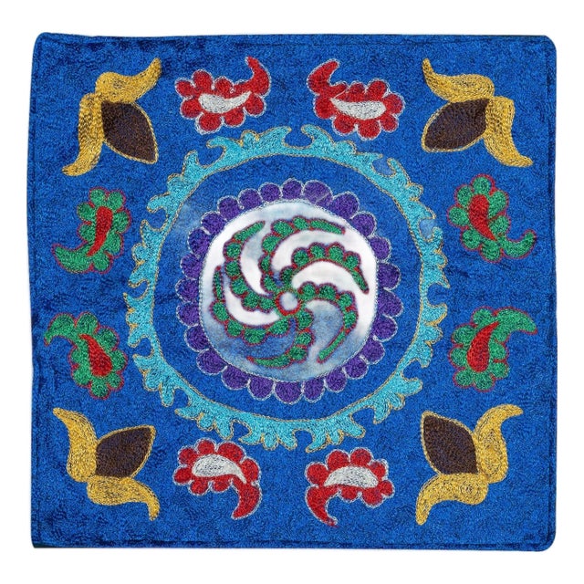 15"x16" Hand Embroidered Silk and Cotton Cushion Cover. Blue Toss Pillow Cover For Sale