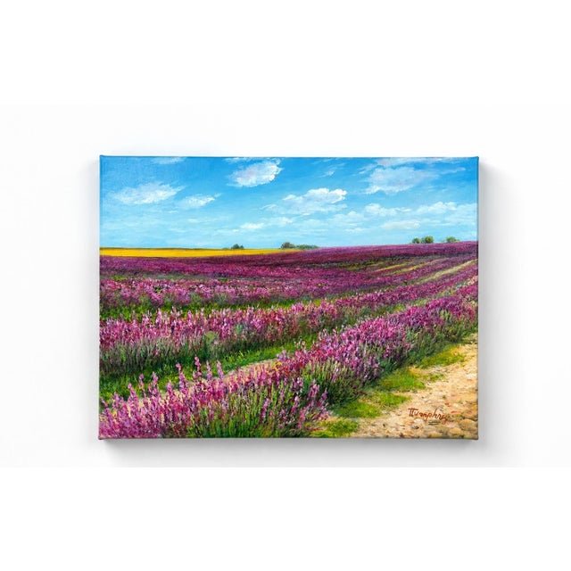 Original oil on canvas by Humphrey depicting rolling fields of blooming lavender beneath a brilliant blue sky with soft...