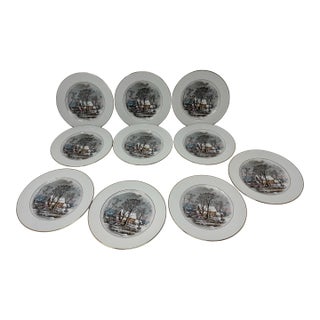 Set of 10 Currier & Ives Salad Dessert Plates Avon Winter Scene 1981 Porcelain For Sale