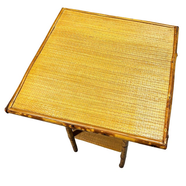 Traditional Early 20th Century Aesthetic Movement Tiger Tortoise Bamboo Pedestal 2-Tier Side Drink Table For Sale - Image 3 of 5