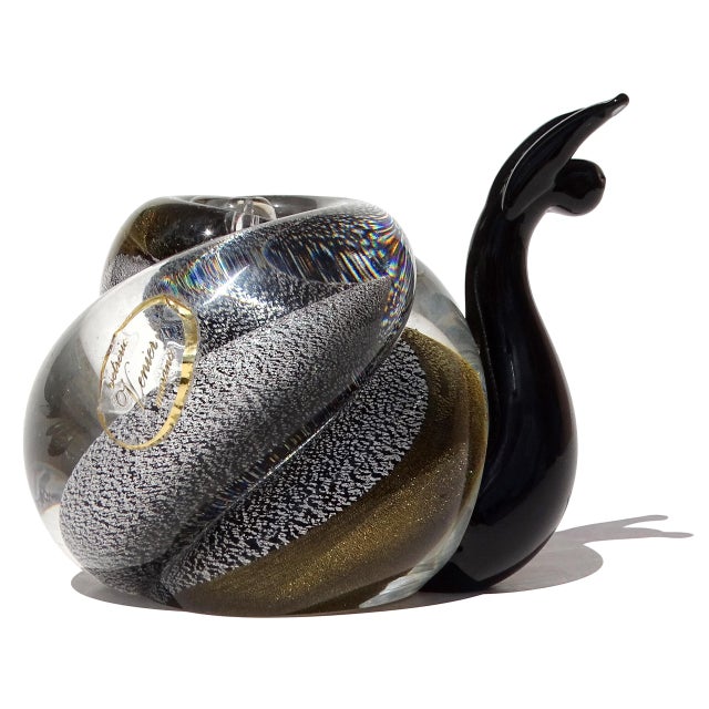 Murano Murano Vetreria Venier Label Gold Silver Flecks Black Italian Art Glass Snail Paperweight Figurine For Sale - Image 4 of 10
