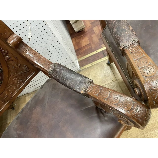 Late 19th Century Large Pair of French Calver Dining Armchairs Leather Fabric For Sale - Image 10 of 16