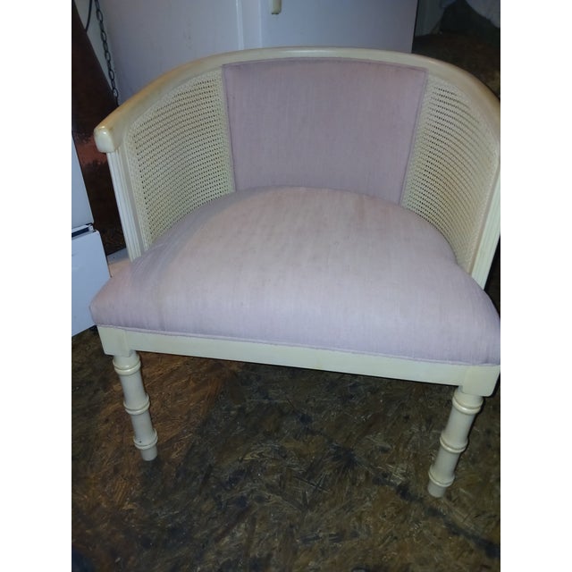 Super cool mid-century cane back barrel chair with whitewashed wood, faux bamboo and cane back and sides. This chair is in...