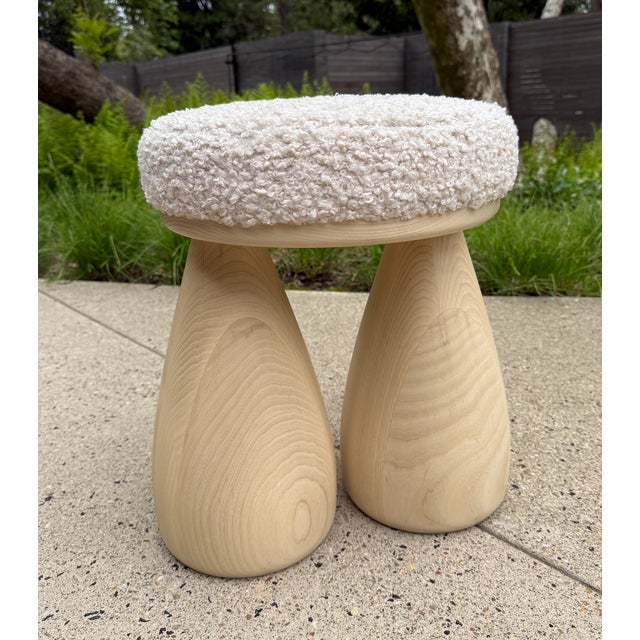 2020s Sculptural Stool Attributed to Sam Klemick for Otherside Objects – Shearling Seat With Carved Wood Base For Sale - Image 5 of 5