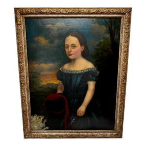 Large Mid Victorian Oil Painting Portrait Eliza Maddock of Onchan Isle of Man & Dog