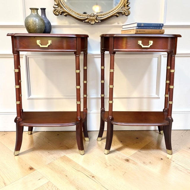 Hollywood Regency Vintage Cherry Faux Bamboo Bedside Tables | Pair of Hollywood Regency Nightstands | End Tables, A Pair For Sale - Image 3 of 10