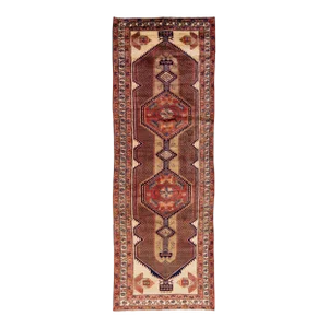 1960s Vintage Persian Hamadan Beige Handmade Geometric Wool Runner