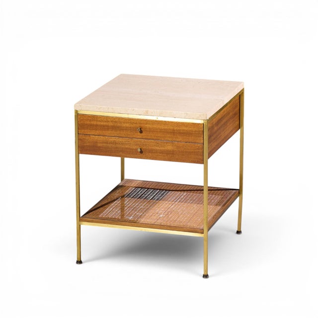 Paul McCobb for Calvin Irwin Group Model 8714 Mid Century Bleached Mahogany, Cane, Brass and Travertine Nightstand - Pair For Sale - Image 12 of 13