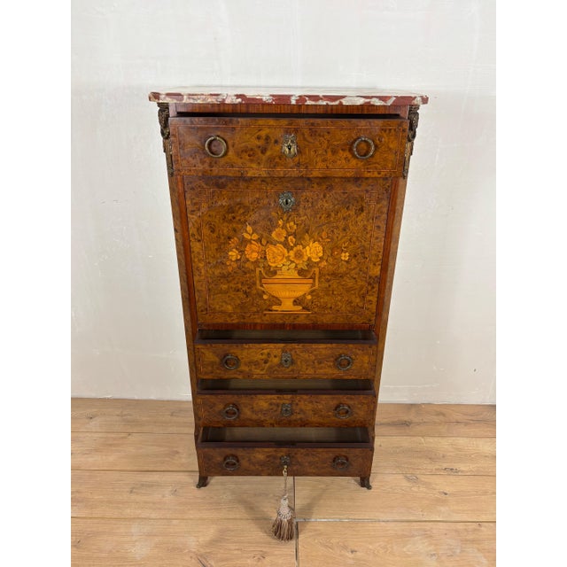 Wood French Louis XVI Style Burl Wood Secretary Chest with Marble Top, 1930s For Sale - Image 7 of 15