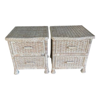 Late 20th Century Pair of Woven Rattan Nightstands Wicker, Wood For Sale