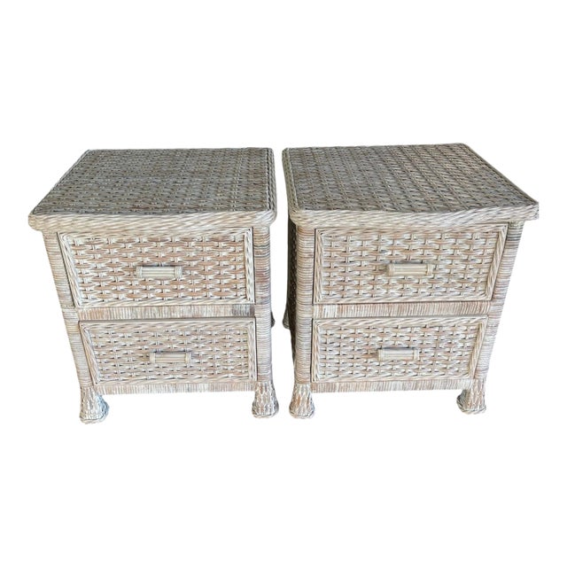 Late 20th Century Pair of Woven Rattan Nightstands Wicker, Wood For Sale