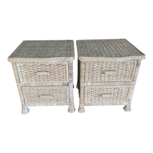 Whitewashed Woven Rattan Nightstands – Pair