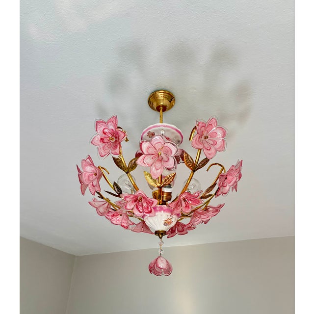 1980s Italian Pink Murano Style Glass Floral Chandelier – Hand-Painted Porcelain & Brass Ceiling Light For Sale - Image 17 of 18