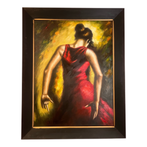 Expressive Spanish Flamenco Dancer Oil Painting in Red and Gold, Early 21st Century