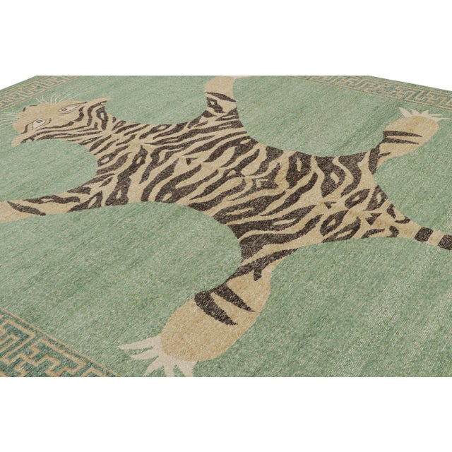 2010s Rug & Kilim’s Distressed Tiger Rug in Green With Beige and Black Pictorial For Sale - Image 5 of 7