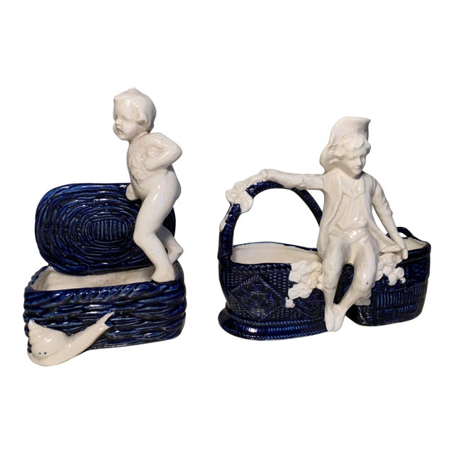 Small Antique French Country Figural Porcelain Planters - Set of 2 For Sale