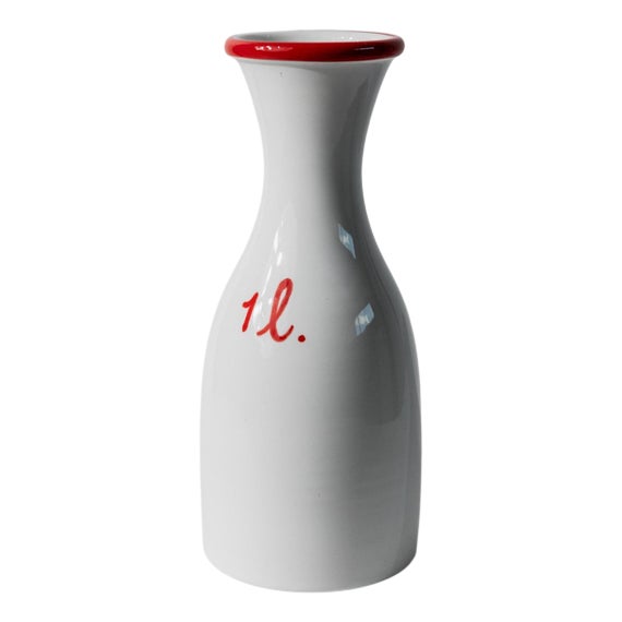 Italian Handmade White Ceramic Jug with Red Rim and Details, 1970s For Sale