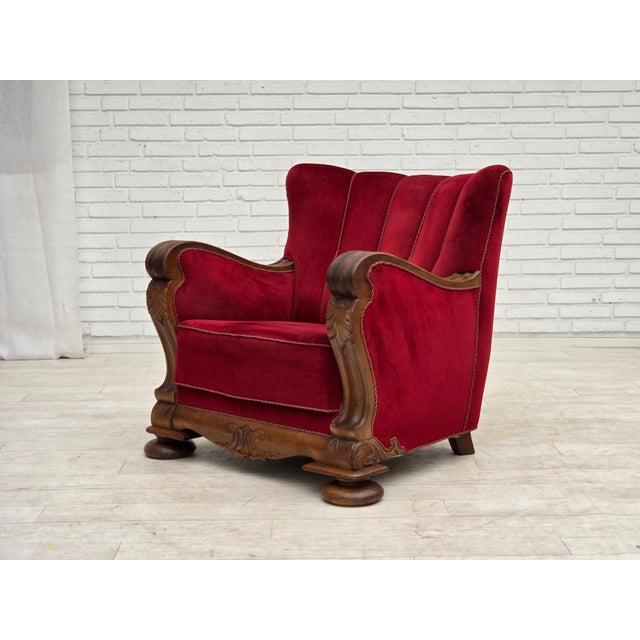 Danish Relax Armchair in Furniture Velour and Carved Oak Wood, 1950s For Sale - Image 13 of 18