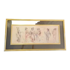 Vintage Signed Edna Hibel Rectangular Geisha's Dancing Framed Glass Print Art Work