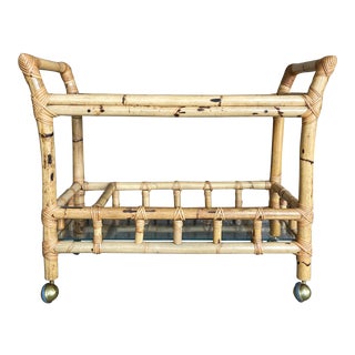 Chunky Rattan and Glass Two Tier Bar Cart For Sale