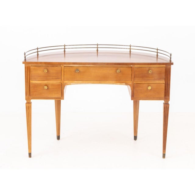 Biedermeier Style Demilune Walnut Desk, with brass half-galleried top above one frieze drawers flanked by two short...