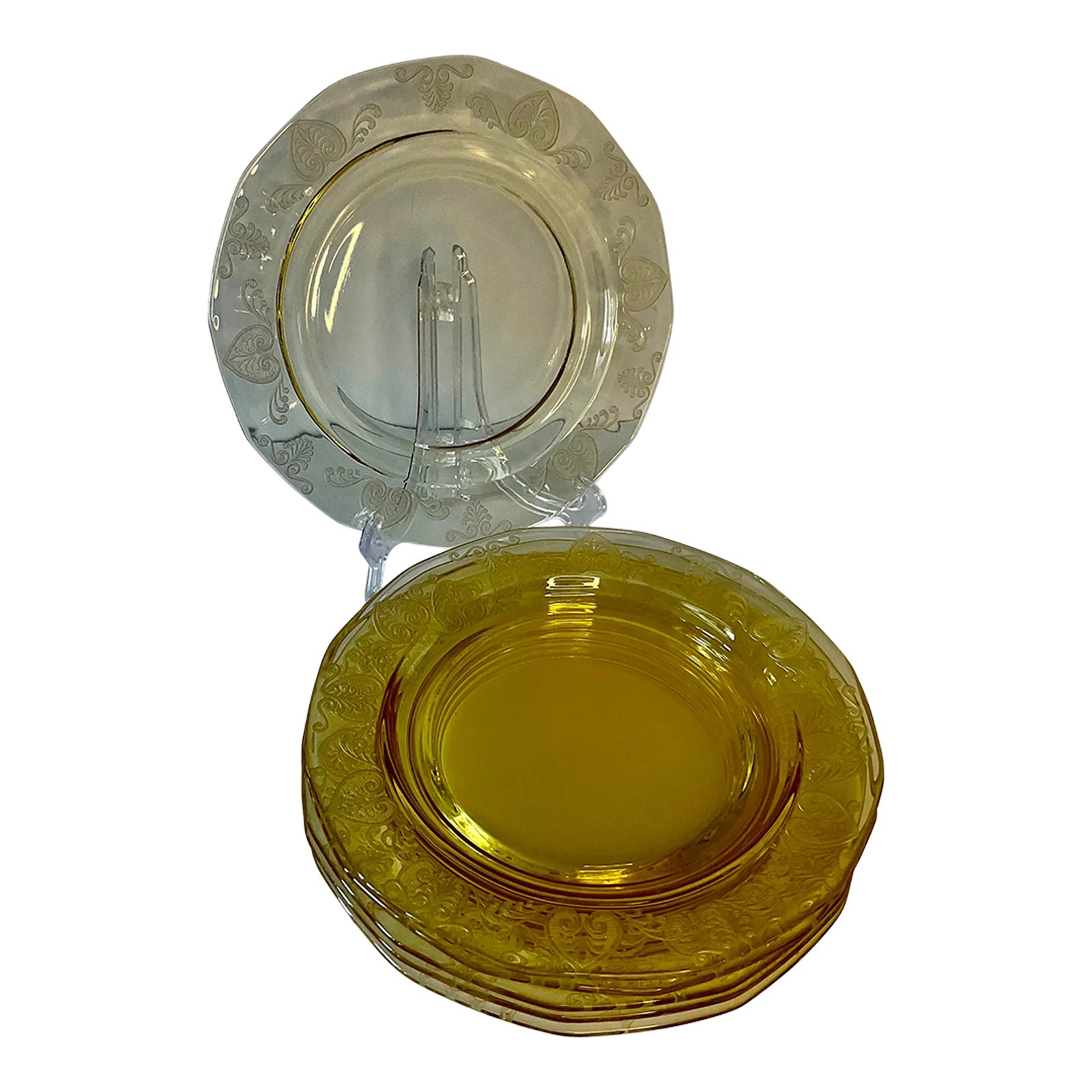 Vintage Fostoria 1930’s Trojan Topaz Yellow Blown Glass Salad Plates