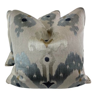 Schumacher “Raja Embroidery” in Stone 22” Pillows-A Pair For Sale