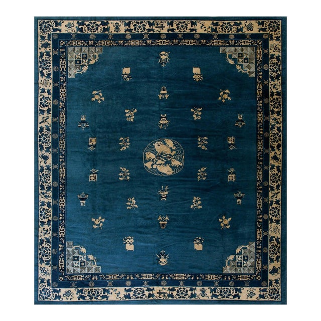 Nice Blue Background Color Refined Minimalist Design Antique Chinese Peking Rug For Sale