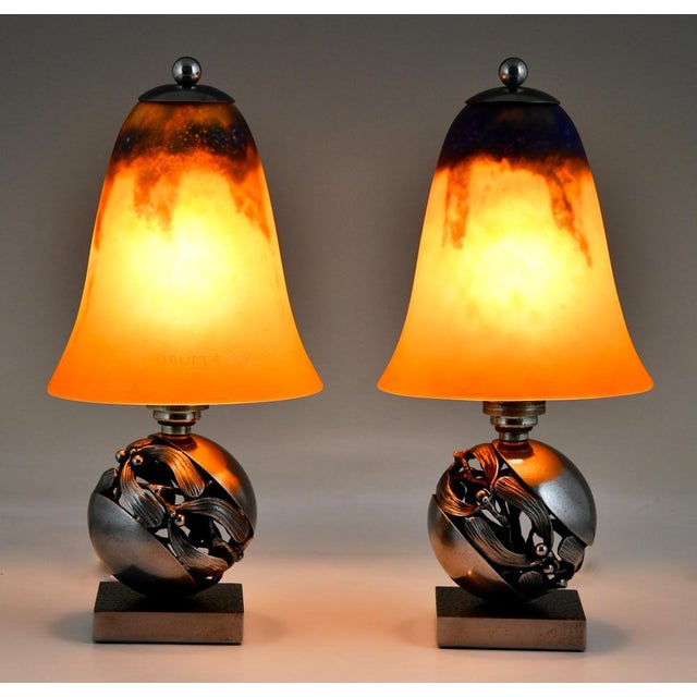 Pair of Mistletoe or Boule de Gui Art Deco table lamps by Edgar Brandt and Daum. Wrought iron lamp bases stamped E....