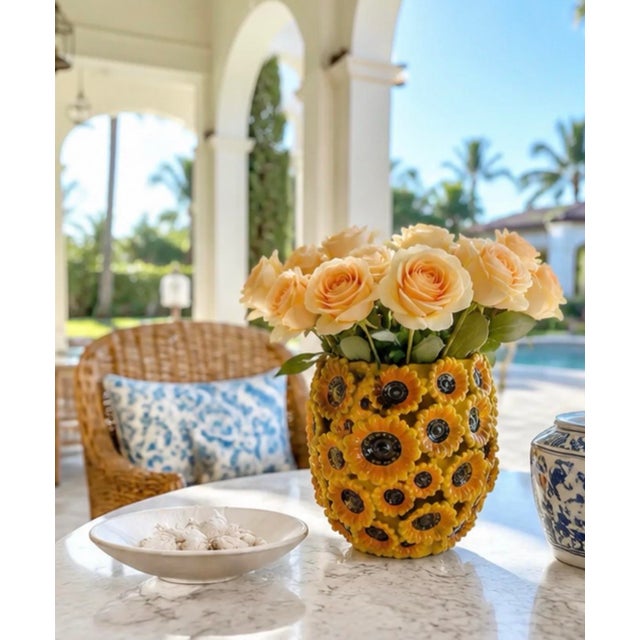 Yellow Vintage Majolica Sunflower-Adorned Ceramic Vase For Sale - Image 8 of 12