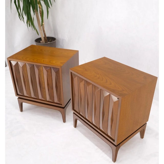 Wood Pair of Light Walnut Carved Dimond Front Doors Bracket Leg Night Stands For Sale - Image 7 of 13