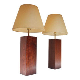 Pair of Mid Century Modern Walnut Column Block-Form Table Lamps For Sale