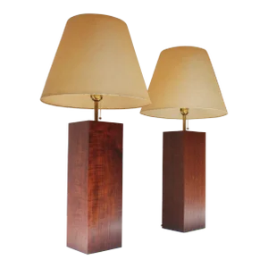 Pair of Mid Century Modern Walnut Column Block-Form Table Lamps