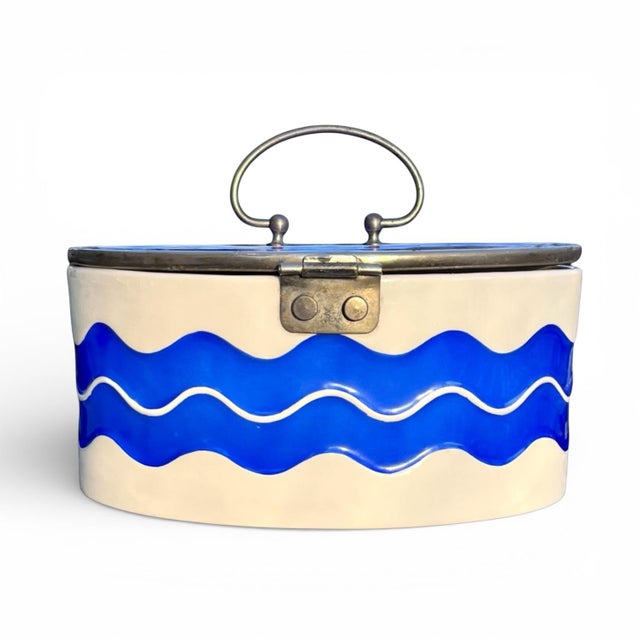 Vintage Blue and White Porcelain and Enamel Biscuit Barrel For Sale In Chicago - Image 6 of 11