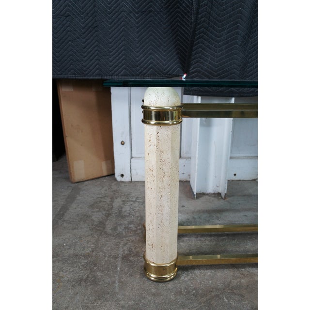 1980s Vintage Italian Regency Travertine Stone Brass & Glass Console Hall Sofa Table For Sale - Image 5 of 12
