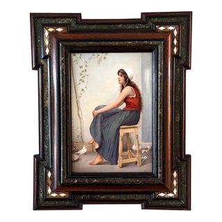 Antique KPM Painted Porcelain Wall Plaque "The Girl With Doves" Signed Wagner, 19th. Century. Exquisite Frame For Sale