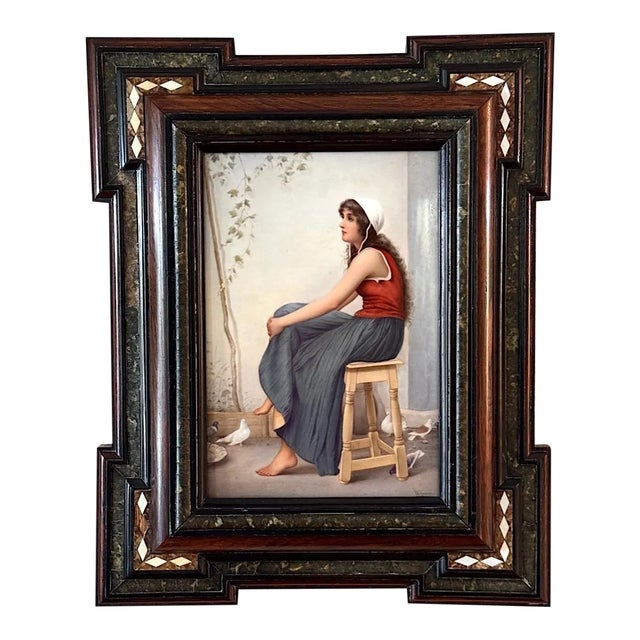 Antique KPM Painted Porcelain Wall Plaque "The Girl With Doves" Signed Wagner, 19th. Century. Exquisite Frame For Sale