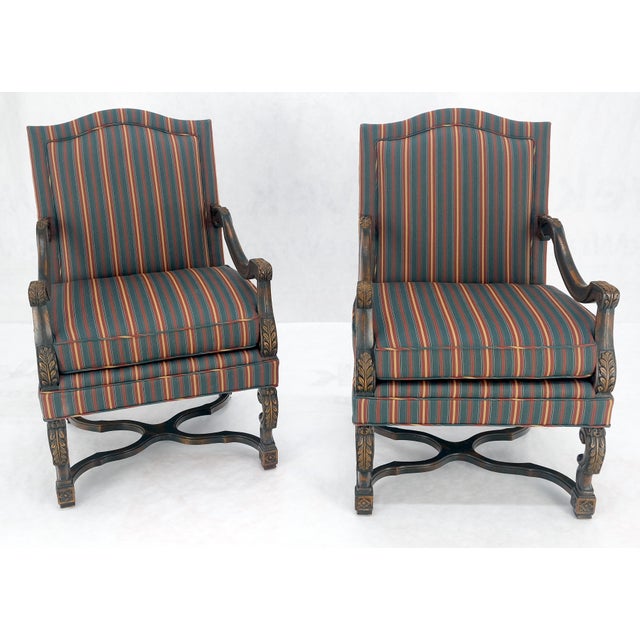 Traditional Pair of Carved Bases & Arms Striped Upholstery Fire Side Arm Lounge Chairs MINT! For Sale - Image 3 of 18