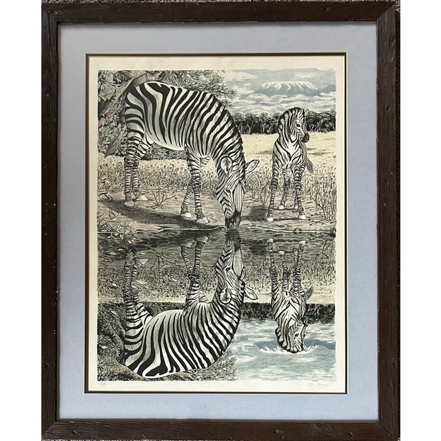 Safari Vintage 1970’s Artists Proof Lithograph of Zebras at Water by Susan Sosa For Sale - Image 3 of 7